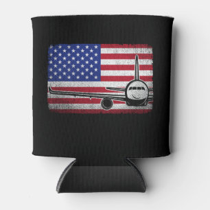 Pilot Airplane American Flag Plane Aviation Can Cooler