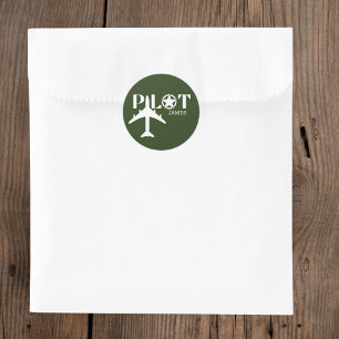 Pilot and Aeroplane Military Green Personalised Classic Round Sticker