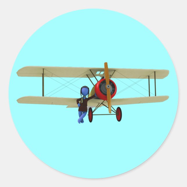 Pilot and Biplane Classic Round Sticker (Front)