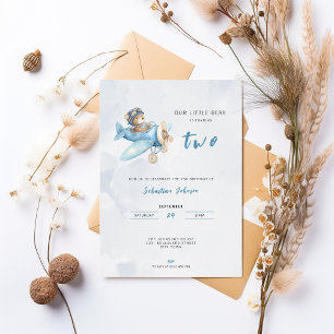 Pilot Bear Airplane 2nd Birthday Party Invitation