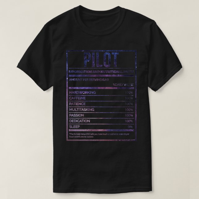 Pilot Funny Pilot Nutrition Label  T-Shirt (Design Front)