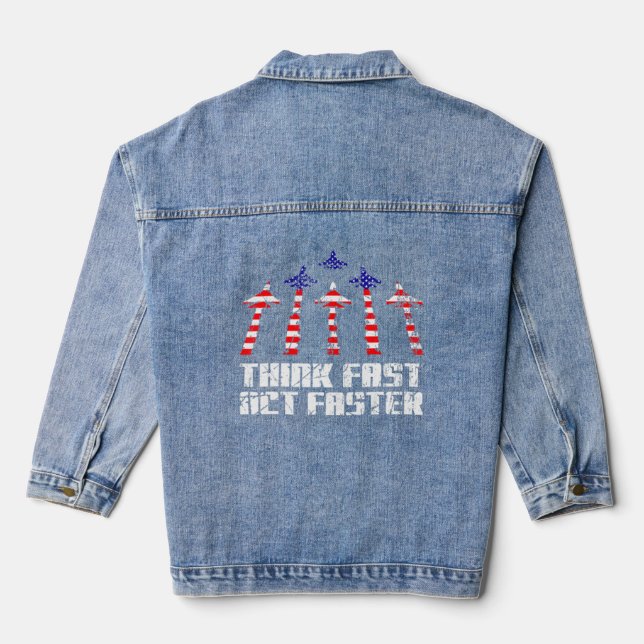 Pilot Jet Fighter Plane Aviation American Flag  Denim Jacket (Back)