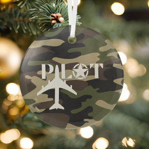 Pilot & Military aeroplane, Camouflage, Minimalist Glass Tree Decoration