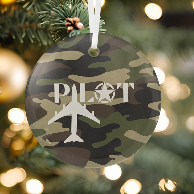 Pilot & Military aeroplane, Camouflage, Minimalist Glass Tree Decoration (Creator Uploaded)