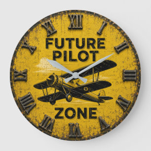 Pilot On Duty Vintage Airplane Hangar Decor Large Clock
