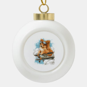 Pilot Pomeranian � Flying Ace Dog Ceramic Ball Christmas Ornament