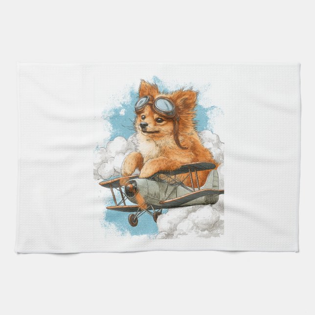Pilot Pomeranian � Flying Ace Dog Tea Towel (Horizontal)