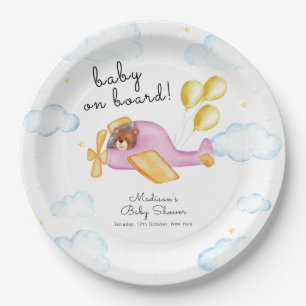Pilot Teddy Bear Balloon Airplane Baby Shower Paper Plate