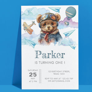 Pilot Teddy Bear First Birthday Kids Invitation