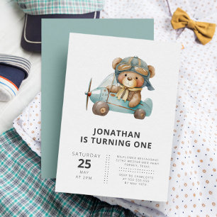 Pilot Teddy Bear Modern Simple Kids Birthday Invitation
