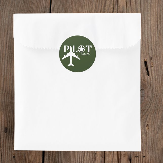 Pilot Typography & Aeroplane Military Green Custom Classic Round Sticker (Creator Uploaded)