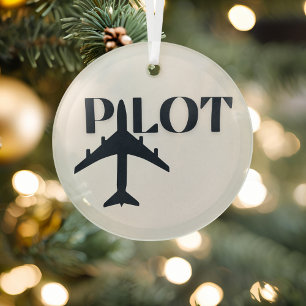 Pilot Typography & Aeroplane,Minimalist, Christmas Glass Tree Decoration