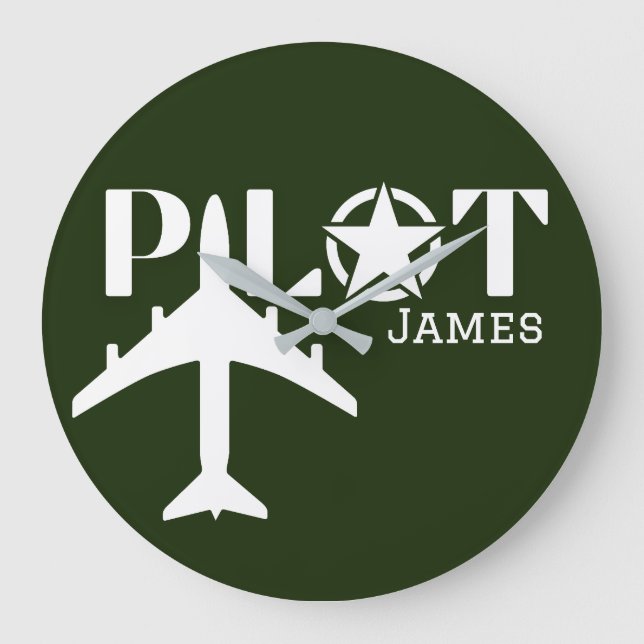 Pilot Typography & Aeroplane Minimalist Personalis Large Clock (Front)