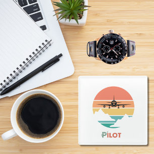 Pilot Typography,Vintage Retro,Simple Aeroplane  G Glass Coaster