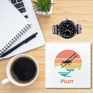 Pilot Typography,Vintage Retro,Simple Aeroplane G Glass Coaster