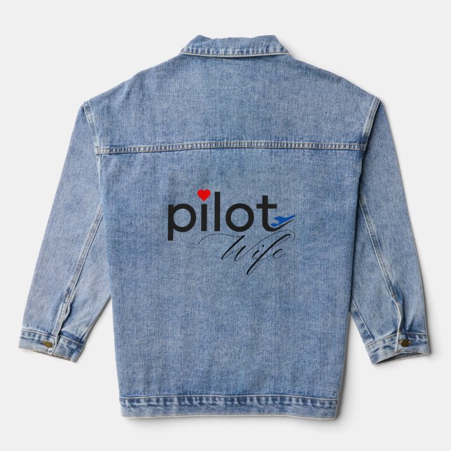 Pilot Wife Typography & Aeroplane Simple,Minimalis Denim Jacket (Back)