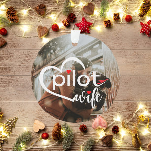 Pilot Wife Typography Heart & Aeroplane, Cute Phot Ornament