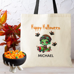Pilot Zombie flying Airplane & Bat Funny Halloween Tote Bag