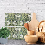 Pimpernel Yellow Flowers William Morris Tile<br><div class="desc">Decorative tiles with a pattern by William Morris (1834-1896),  Pimpernel (1876). White poppies with green leaves and yellow pimpernel flowers.</div>