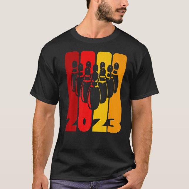 Pin and Bowling Ball Bowler Team 2023 More Strikes T-Shirt (Front)