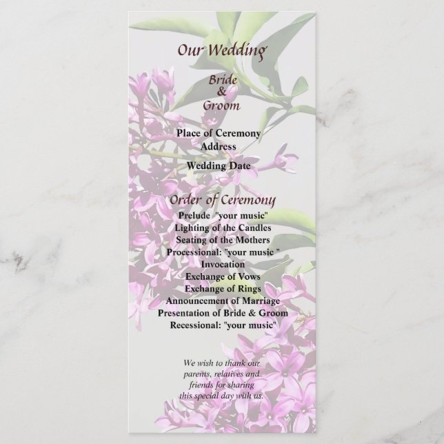 Pin Lilacs and Leaves Wedding Program Programme (Front)