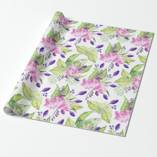 Pin Purple & Green Tropical Flowers Pattern Wrapping Paper