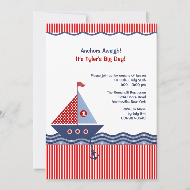 Pin Stripe Nautical Juvenile Birthday Invitation (Front)
