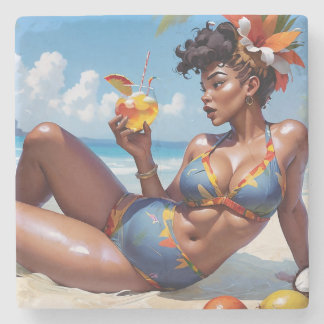 Pin-up at the beach stone coaster