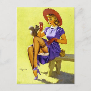 Pin-Up Feeding a Squirrel Postcard