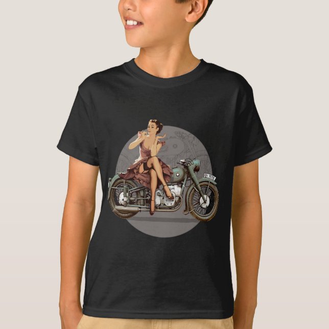 Pin-up girl 1940s motorcycle retro poster WWII T-Shirt (Front)