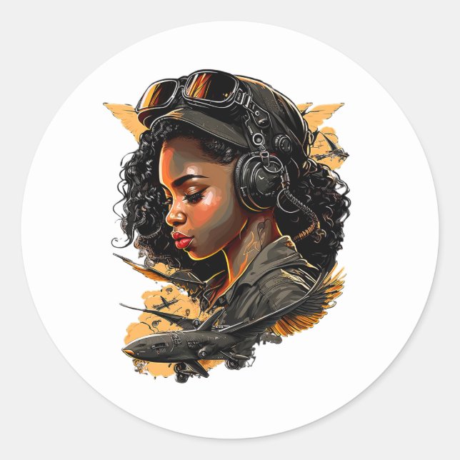 Pin Up Girl Black Woman Bomber Pilot Aviation Classic Round Sticker (Front)