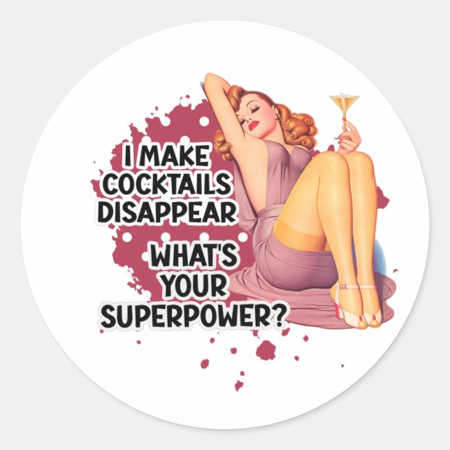 Pin-up Girl Drinking Retro Housewife Humour Classic Round Sticker (Front)
