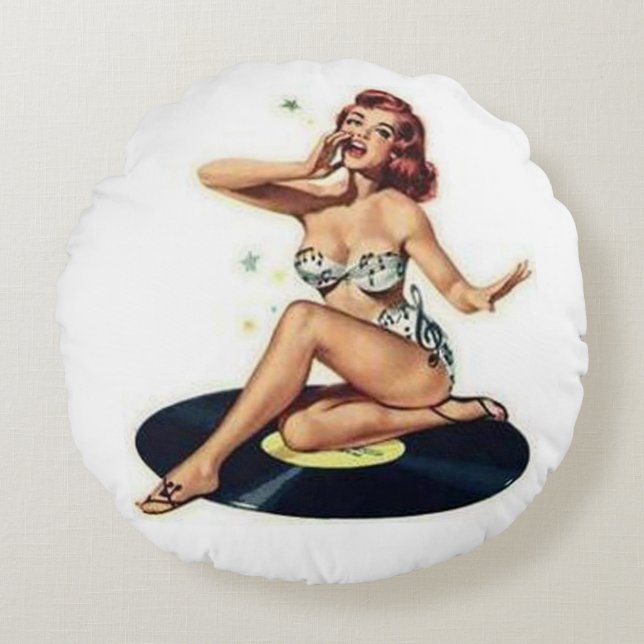 Pin Up Girl on Record Round PIllow (Front)