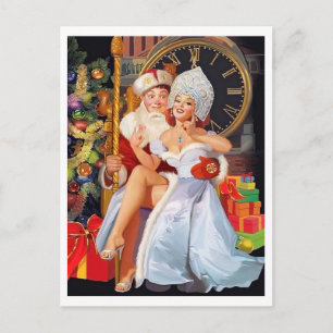 Pin-up girl sitting on lap of a very lucky guy postcard