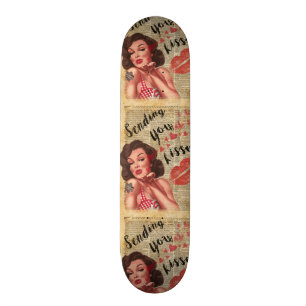 Pin-up Girl Vintage Art Sending Kisses With Love Skateboard