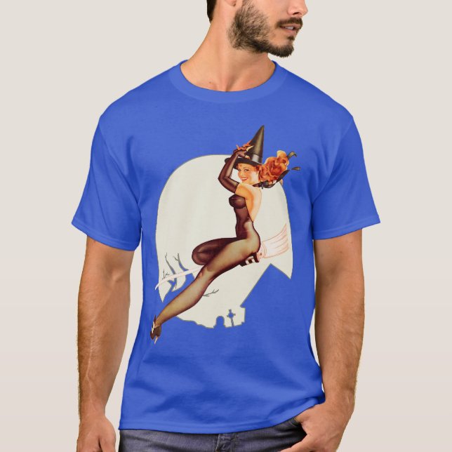 Pin up Girl Witch Happy Halloween Retro Poster T-Shirt (Front)