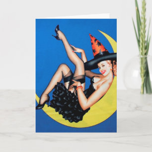 Pin-Up Girl Witch on The Moon Halloween Card