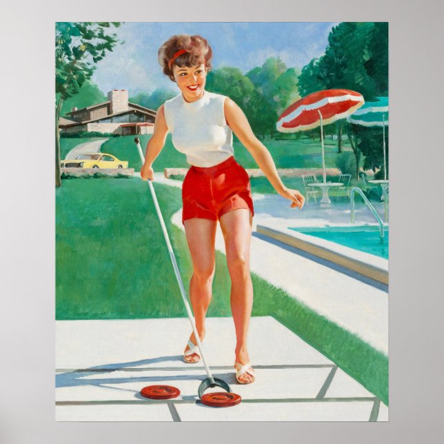 Pin-Up Playing Shuffleboar Art Poster (Front)