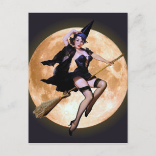 Pin-Up Witch Against a Harvest Moon Postcard
