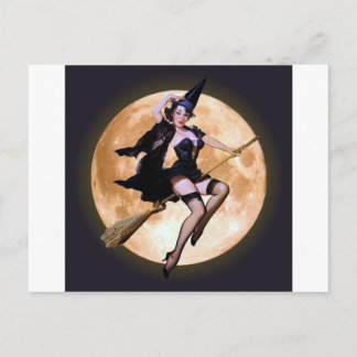 Pin-Up Witch Against a Harvest Moon Postcard