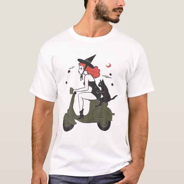 Pin Up Witch Riding Scooter Halloween Black Cat Pi T-Shirt (Front)