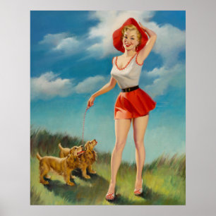 Pin-Up with Cute Puppies Poster