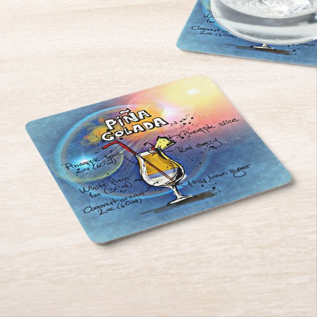 Pina Colada Cocktail (#5 of 12 Drink Recipe Sets) Square Paper Coaster (Angled)