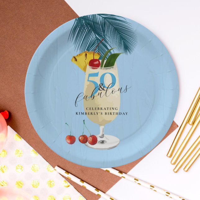 Pina Colada Cocktail Blue 50th Birthday Party Paper Plate (Creator Uploaded)