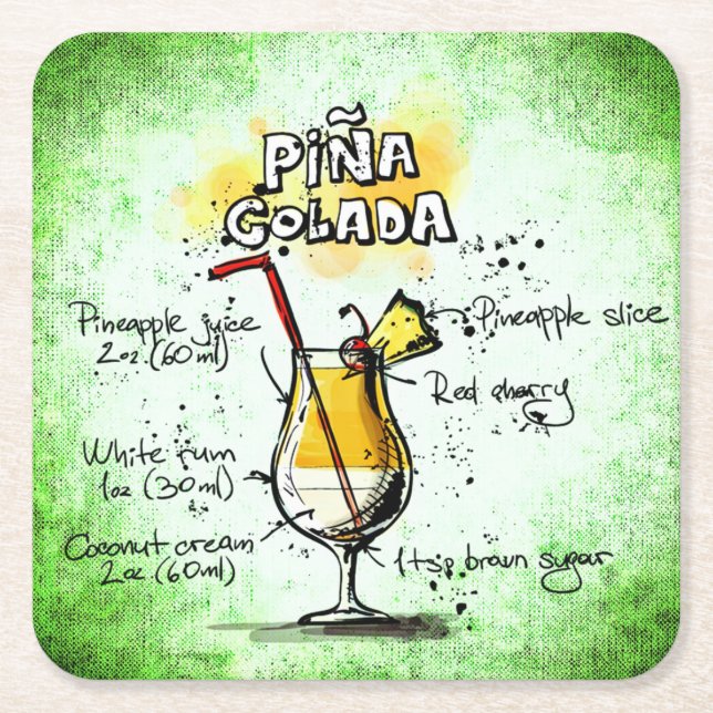 Pina Colada Drink Recipe Square Paper Coaster (Front)