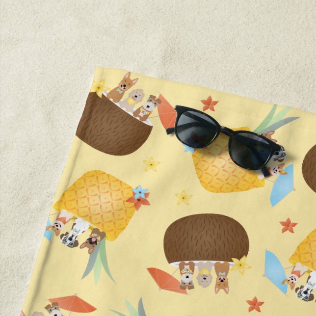Pina Colada Pineapple Coconut Dogs Pattern Beach Towel (In Situ)