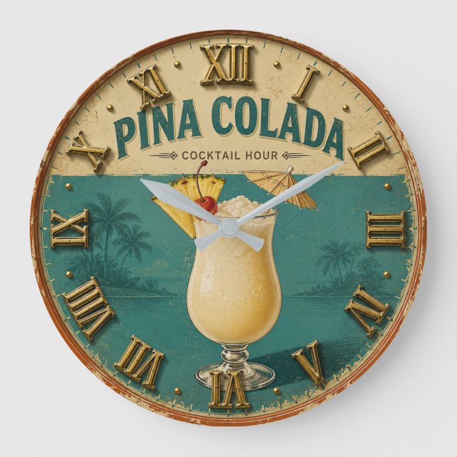 Piña Colada Tropical Beach Cocktail Bar Decor Large Clock (Front)