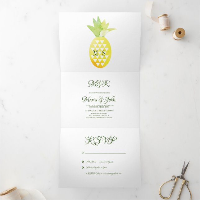Pina Watercolor Pineapple Fruit Tropic Wedding Tri-Fold Invitation (Inside)