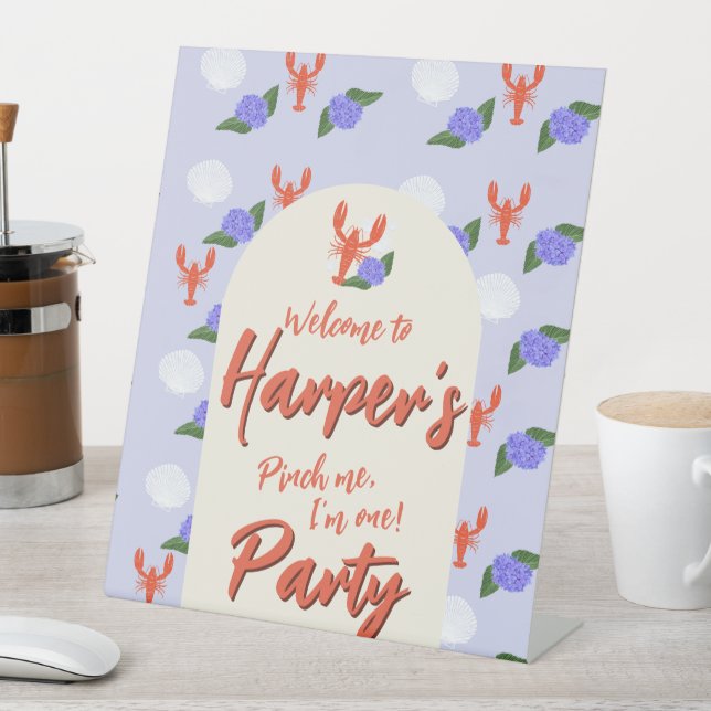"Pinch Me! I'm One" Coastal Lobster Birthday  Pedestal Sign (In SItu)