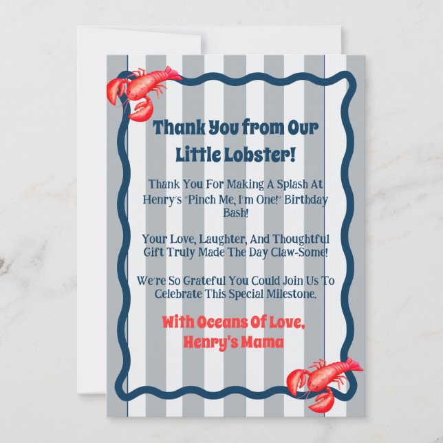 Pinch Me, I'm One lobster 1st Birthday  Thank You Card (Front)